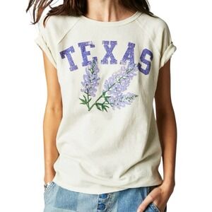 WE THE FREE Short Sleeve Graphic Tee sz L Bluebonnet Texas State Flower Raw Hem